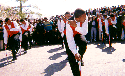 Members of the Kappa Beta Chapter of Kappa Alpha Psi Fraternity,
perform a step show at the University of Memphis in 1999