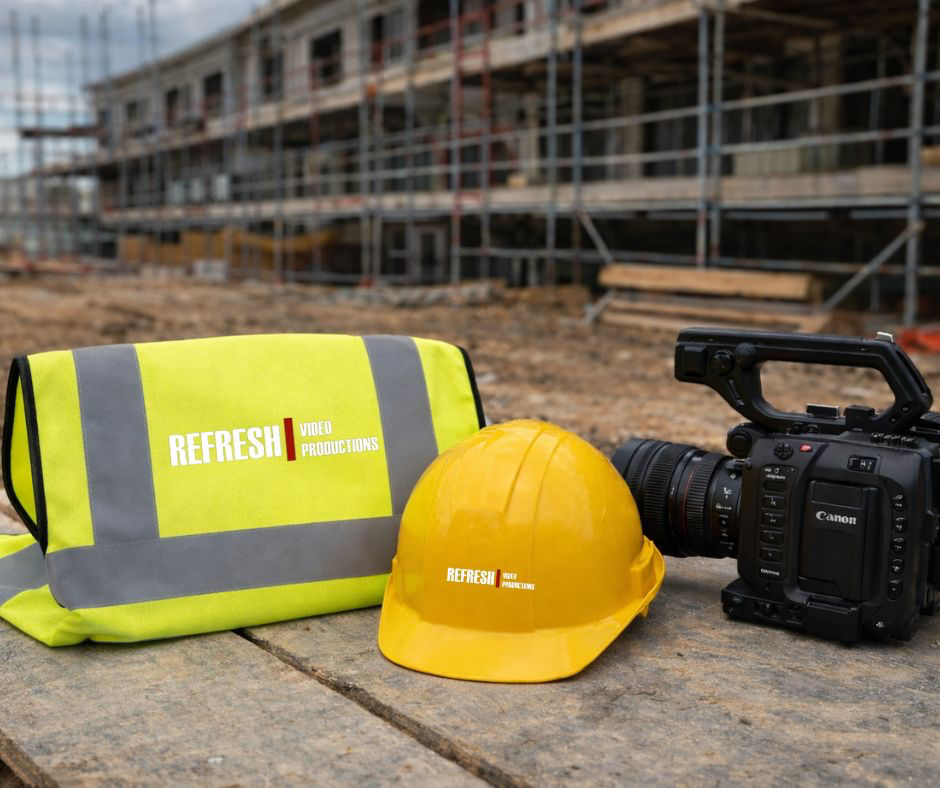A builders hard hat and high viz vest alongside a camera
