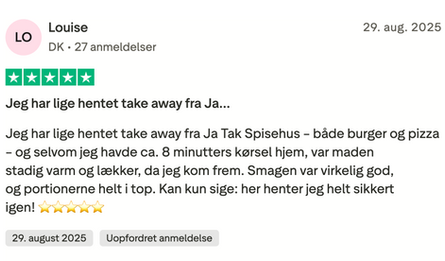 Ja Tak Spisehus - Trustpilot review - 5 stars