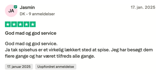 Ja Tak Spisehus - Trustpilot review - 5 stars