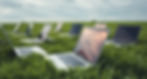 Laptops in a green field reflect the sky, symbolizing the intersection of technology and nature.