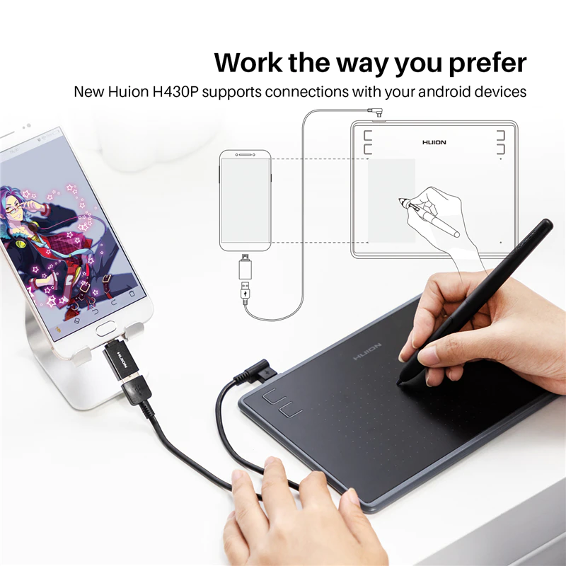 The Huion H430P is a compact and affordable drawing tablet that is perfect for beginners or those on a budget. It features a small 4.8 x 3 inches active area, making it ideal for working on detailed designs or illustrations. It comes with a battery-free stylus with 4,096 levels of pressure sensitivity, providing a natural and precise drawing experience. The tablet also features four customizable express keys, allowing users to create shortcuts for frequently used functions. Its lightweight and slim design make it easy to transport, and the anti-slip rubber bottom provides stability during use. Despite its small size, the Huion H430P is a reliable and functional tool for digital art and graphic design.