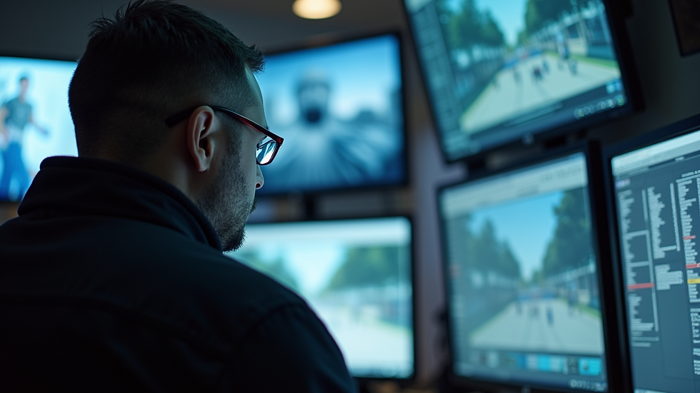 Close-up view of a security guard monitoring surveillance cameras