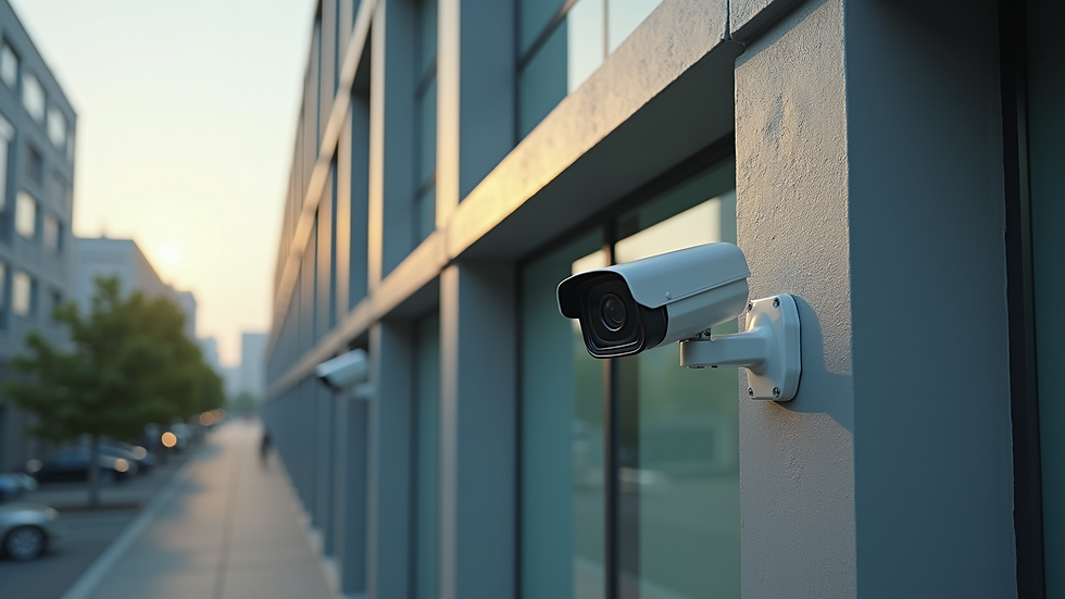 High angle view of security cameras installed on a commercial building