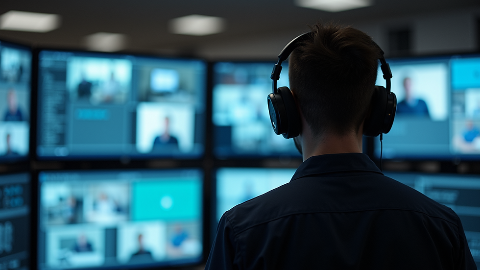 Eye-level view of a security guard monitoring surveillance cameras in a control room