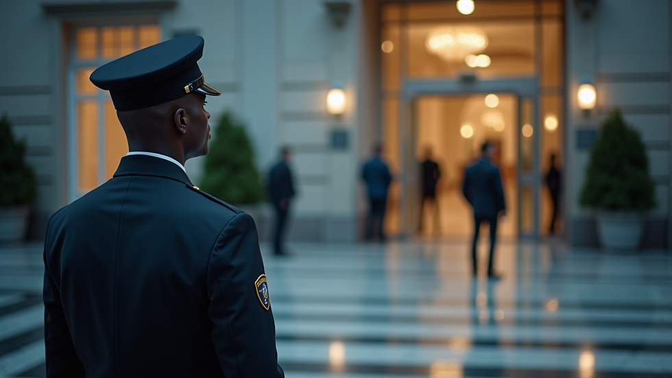 Eye-level view of a security guard monitoring a building entrance