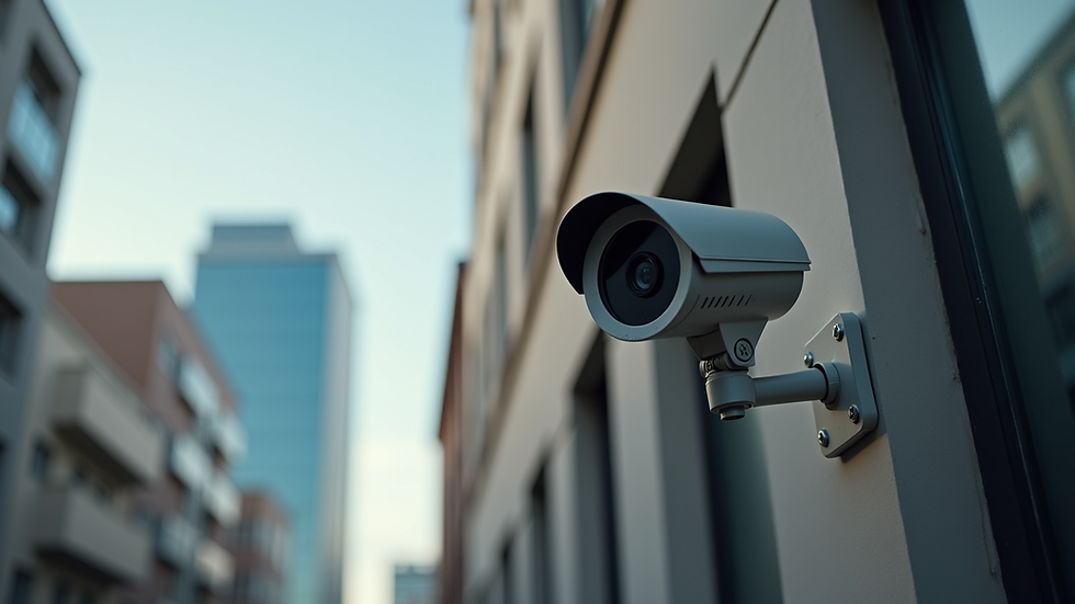 High angle view of a modern security camera mounted on a building