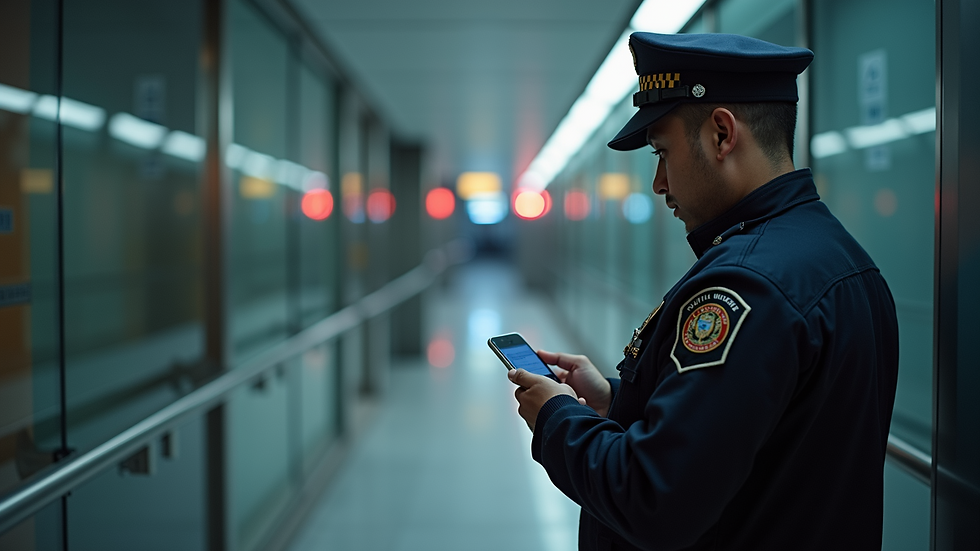 High angle view of a security guard using a mobile device during patrol