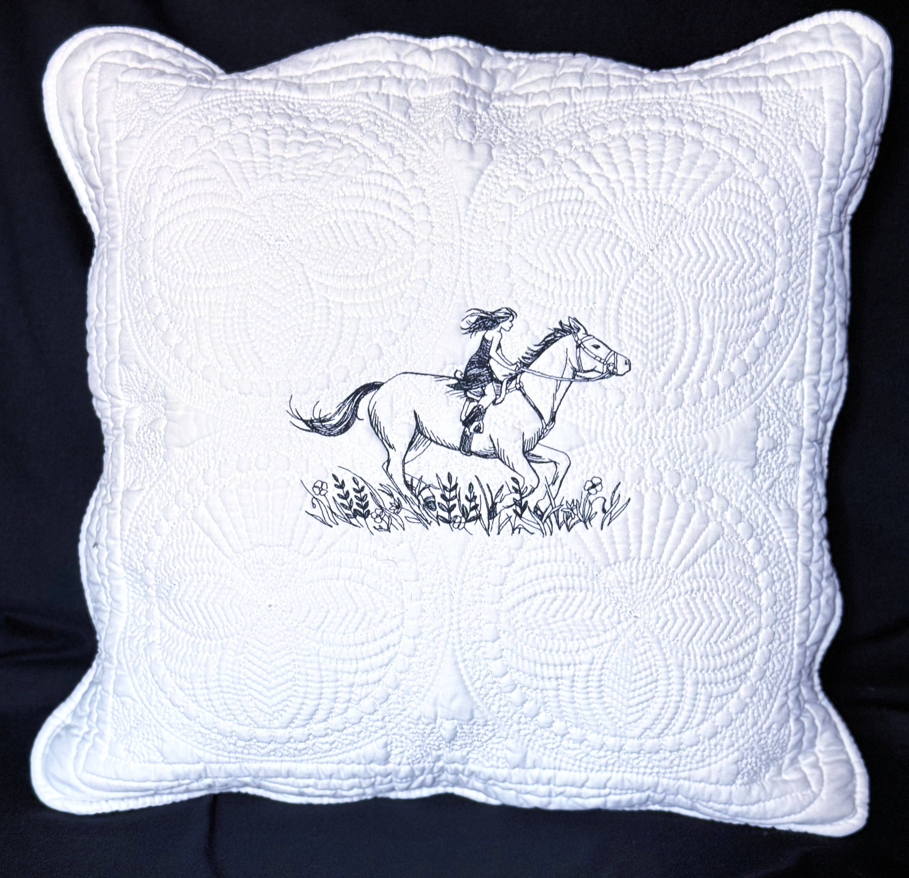 QUILTED WHITE PILLOW GIRL ON HORSE RUNNING