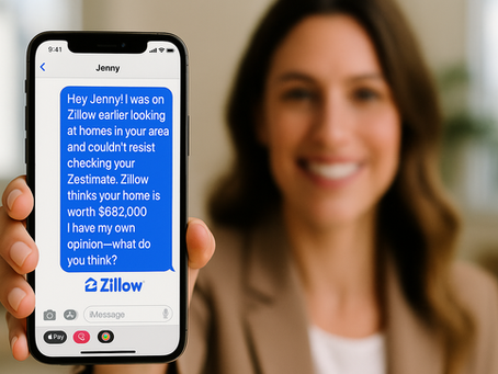 A professional, confident real estate agent smiling warmly and holding a smartphone clearly displaying a Zillow Zestimate text message engaging a homeowner about their home's estimated value.