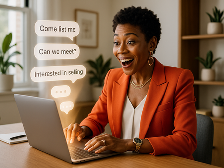 African American woman real estate agent in a modern home office, smiling at her laptop as glowing message bubbles rise from the screen with seller inquiries like "Come list me," "Can we meet?" and "Interested in selling"; conveys success, AI-driven lead generation, and magnetic listing strategy.