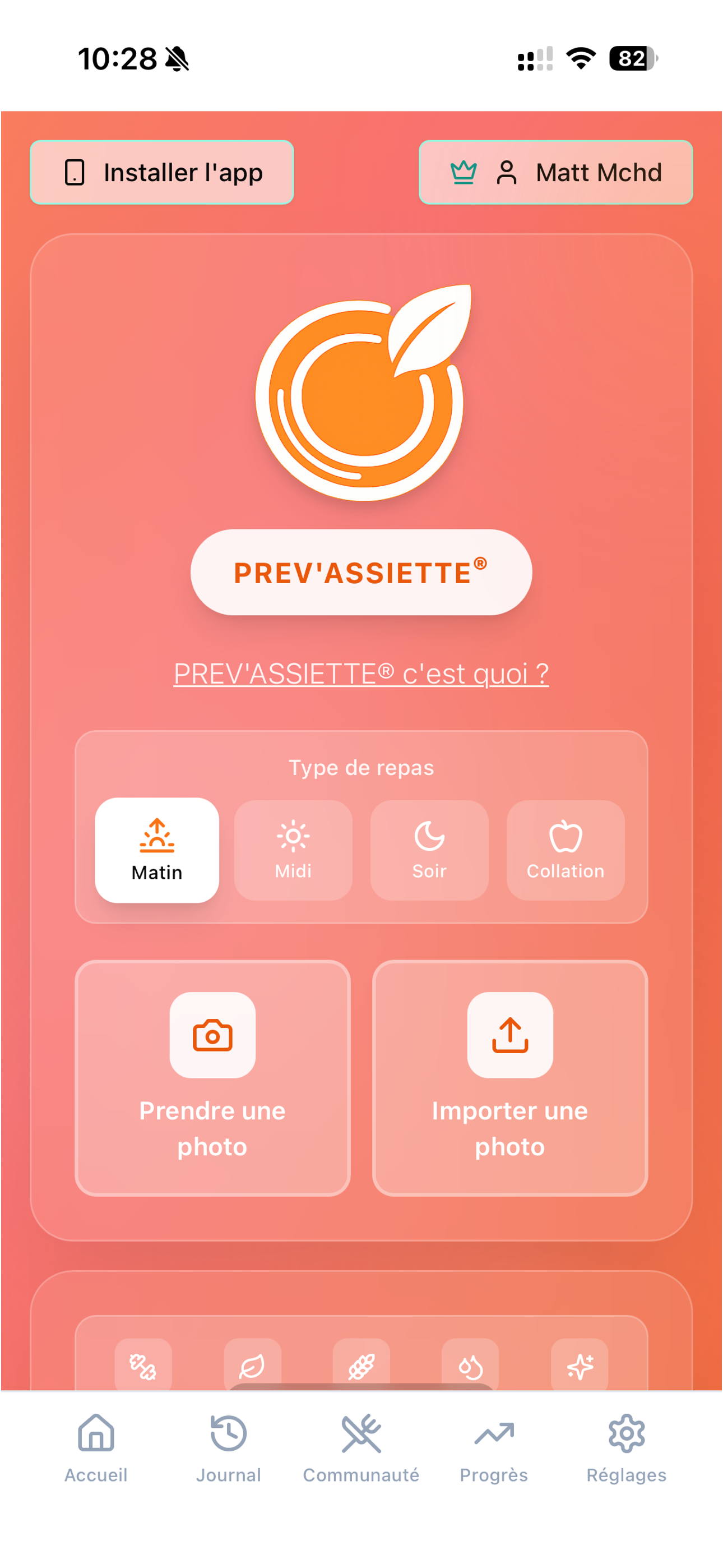 Interface de l'application PREV’ASSIETTE® montrant l'accueil