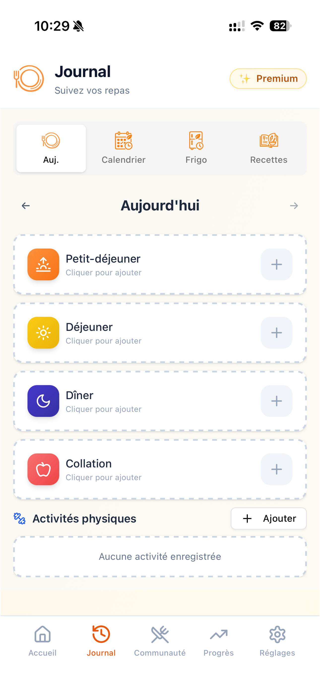 Interface du journal alimentaire de l'application PREV’ASSIETTE®