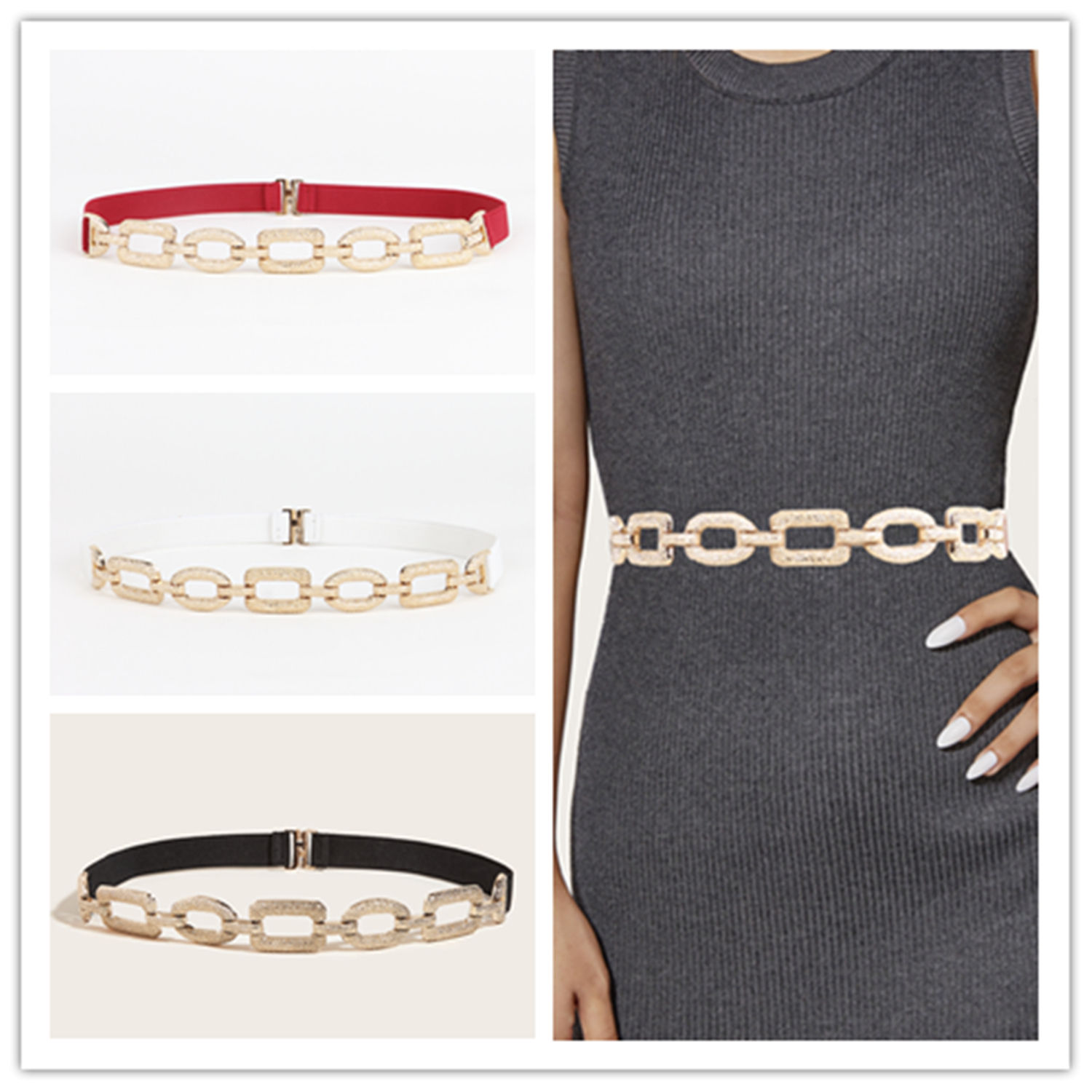 Elastic belt for women gold chain buckled for dress, shirts in multiple sizes.