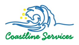 Coastline Services logo featuring a stylized blue ocean wave with yellow bubbles above green script lettering