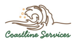 Logo for Coastline Services. A stylized brown ocean wave curls to the right, with four small sand brown circles resembling bubbles above it. Below the wave, the name “Coastline Services” is written in bold, green script.