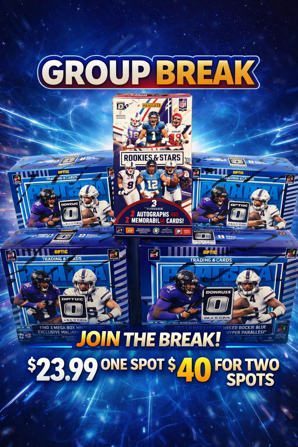 #479 - 5 Box Football Break- 4 Optic Mega Hobby/ Retail, Rookies & Stars Hobby