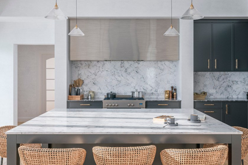 A Large Modern Gray Kitchen with a Beautiful Marble Countertop Island