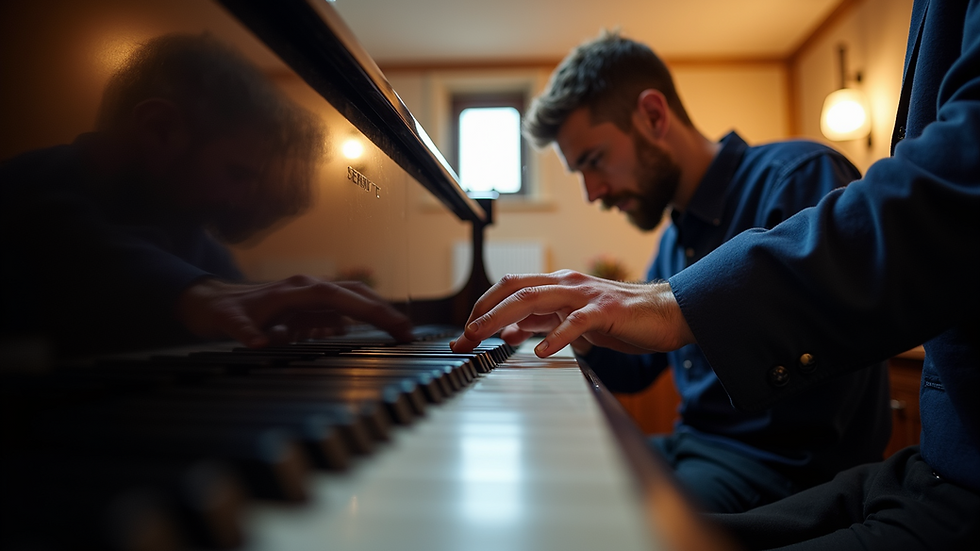 Eye-level view of a piano technician tuning a grand piano