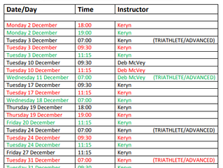 Pilates Class Timetable - December 2019