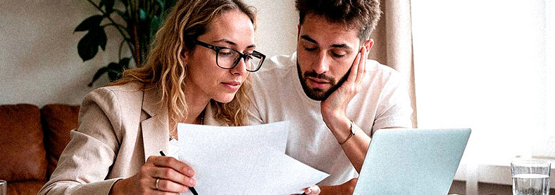 couple en train de discuter et analyser des papiers