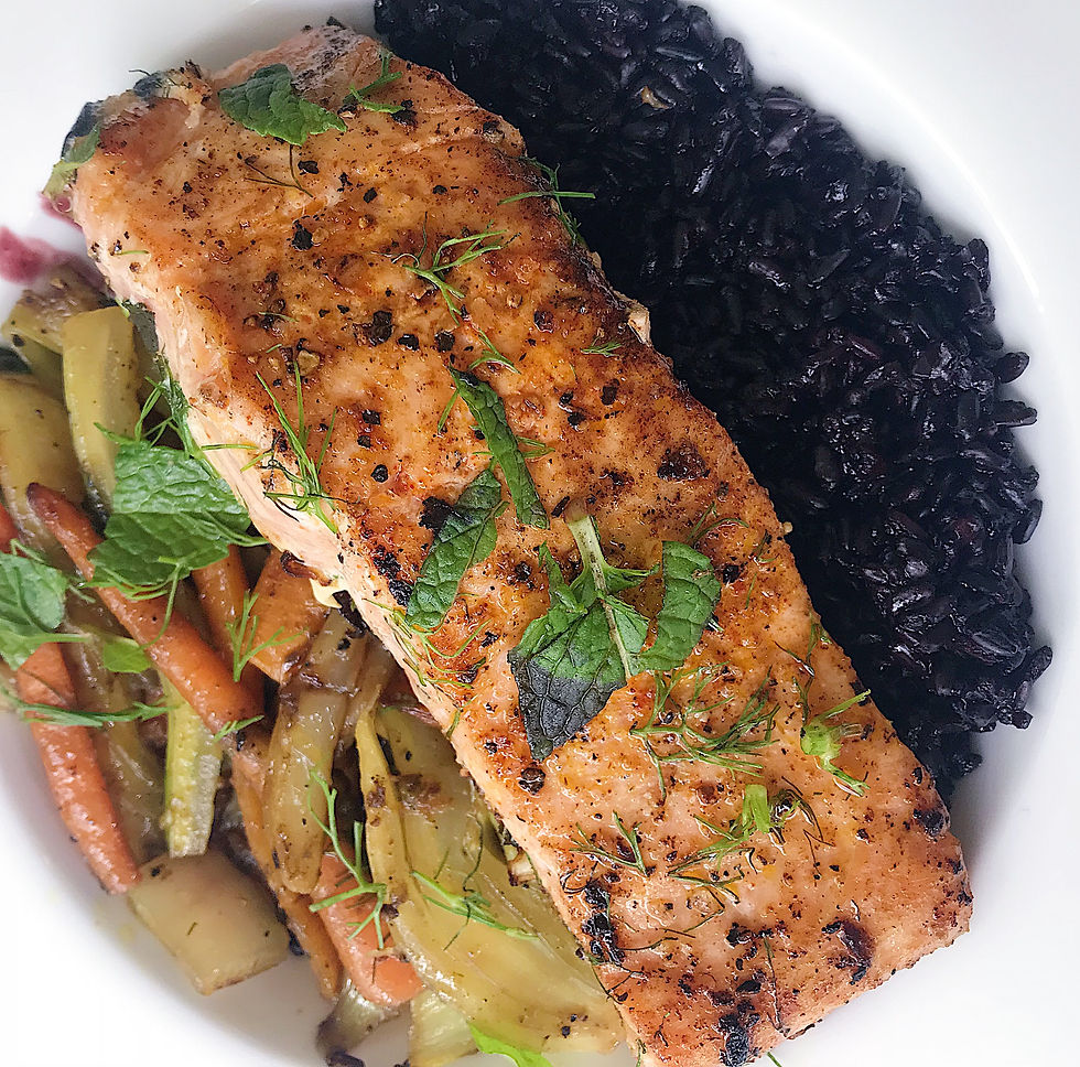 Salmon with veg and black rice