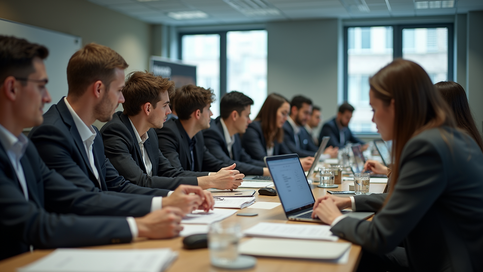 High angle view of students participating in a finance workshop.