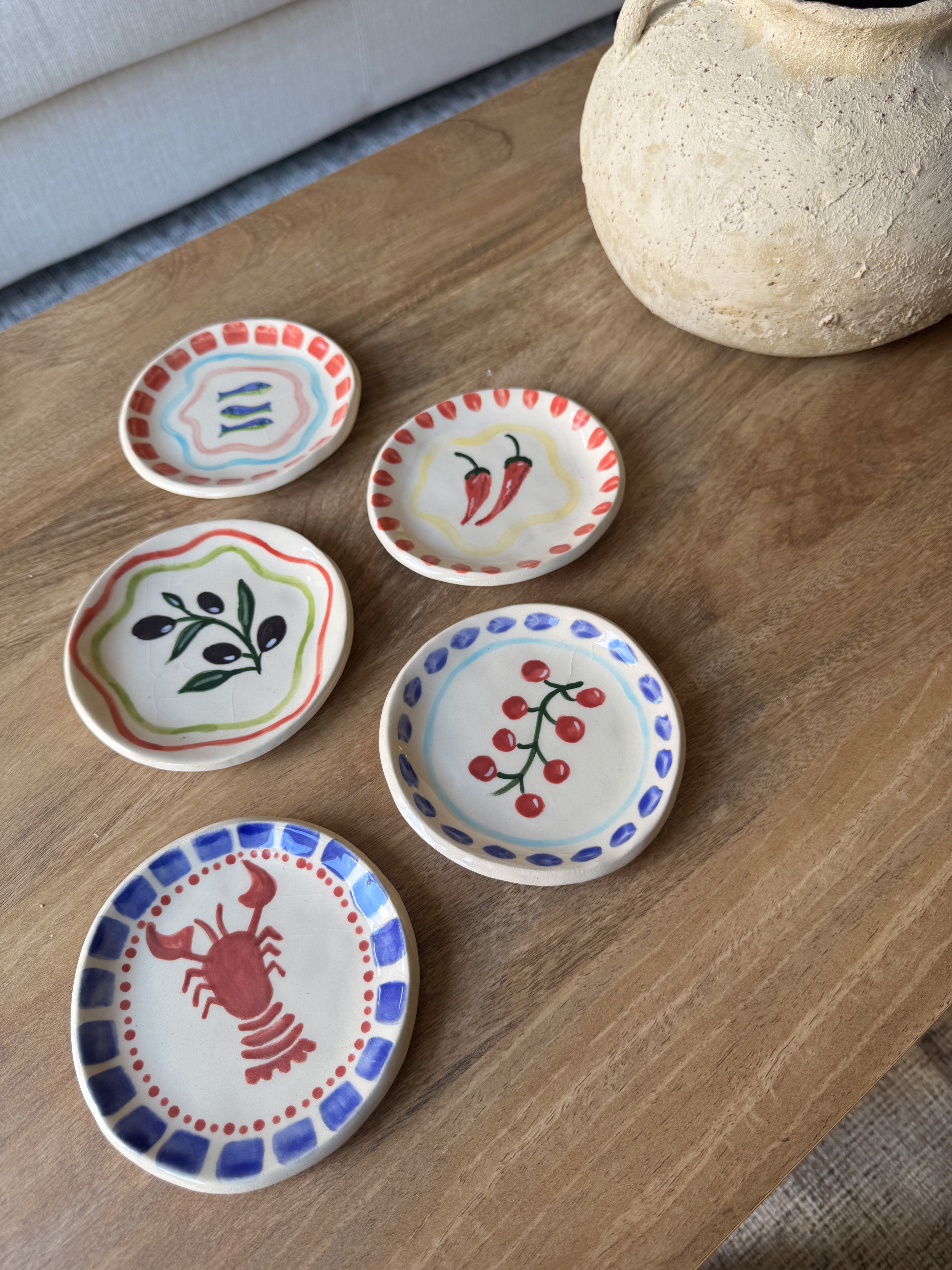 Hand-Painted Ceramic Trinket Dish | Mediterranean Olive, Chilli, Sardine Design