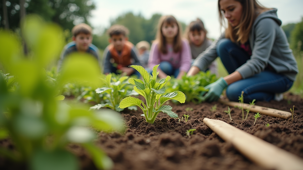 Eye-level view of a community garden with young people planting vegetables