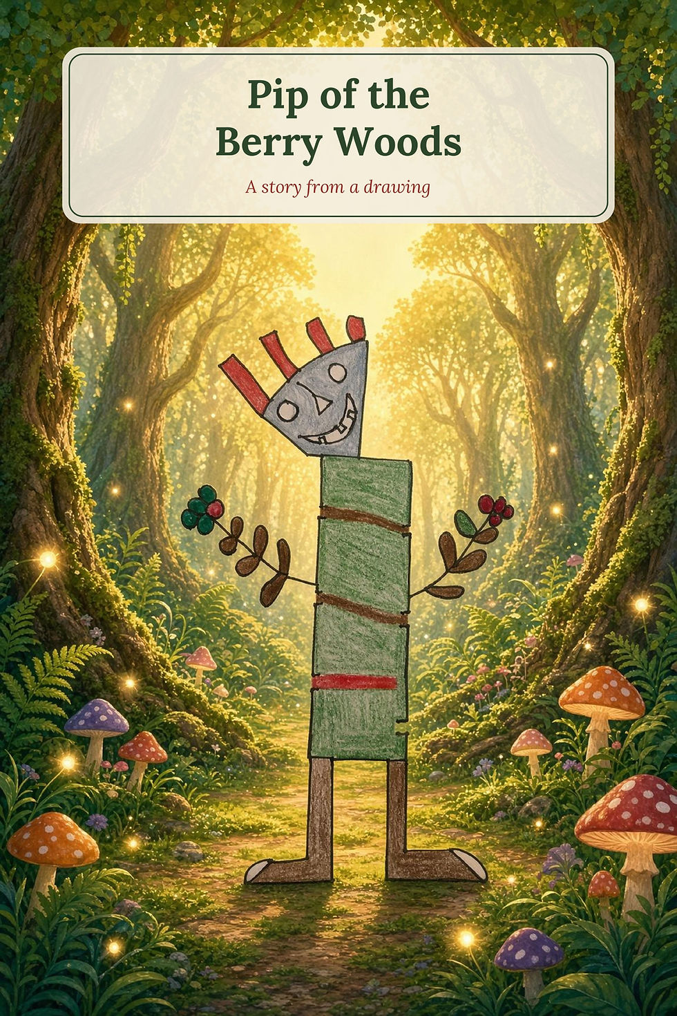 A hand-drawn smiling character with a tall green body and leafy arms, standing in a glowing forest