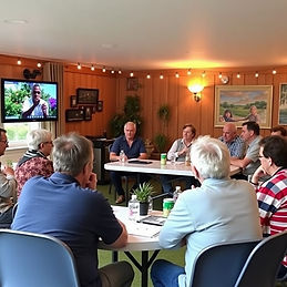Garden training watch party with group gathered at tables watch presentation on TV.