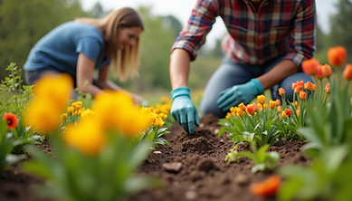 Gardeners working in garden planting flowers.