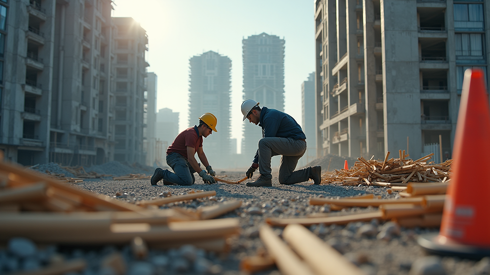 Eye-level view of a construction site with workers collaborating on a project