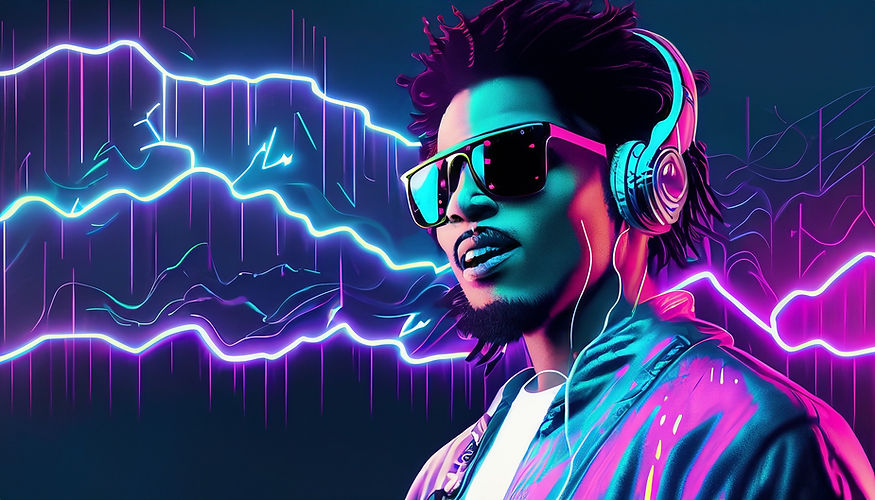 Firefly medium shot male cyberpunk funky rockstar wearing earbuds and sunglasses dark neon