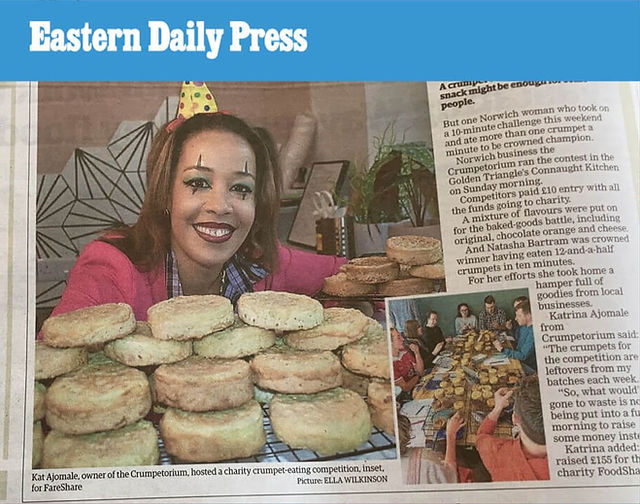 Kat from Crumpetorium raising money for FareShare food charity with a crumpet eating competition