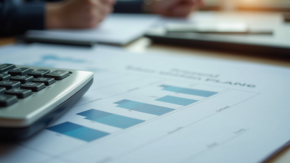 Close-up view of a financial planner's desk with documents and a calculator