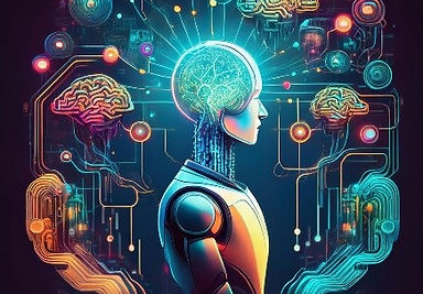 AI-generate image of a robot surrounded by a visual motif of human brains and technology