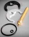 Comprehensive tap mounting kit, including a horseshoe washer, bolt, and seals for secure tap installation.