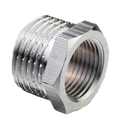 Chrome-plated reducing bush with external and internal threading, used to join pipes of varying sizes in plumbing applications.