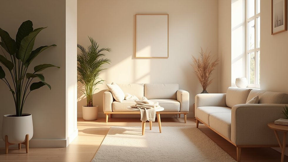 Eye-level view of a serene therapy room with soft lighting and comfortable seating