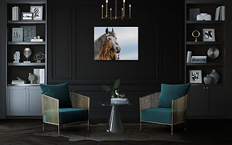 black room with green chairs and photo frame of woman with grey horse