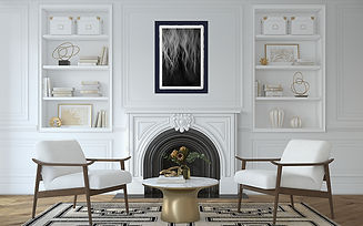white room with fire place and white chairs and black and white photo of horse main on the wall