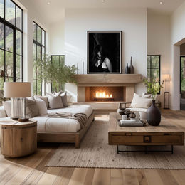 Elegant living room with a large sofa, wooden table, and lit fireplace. Black-and-white boudoir portrait above mantel. Large windows with mountain view.
