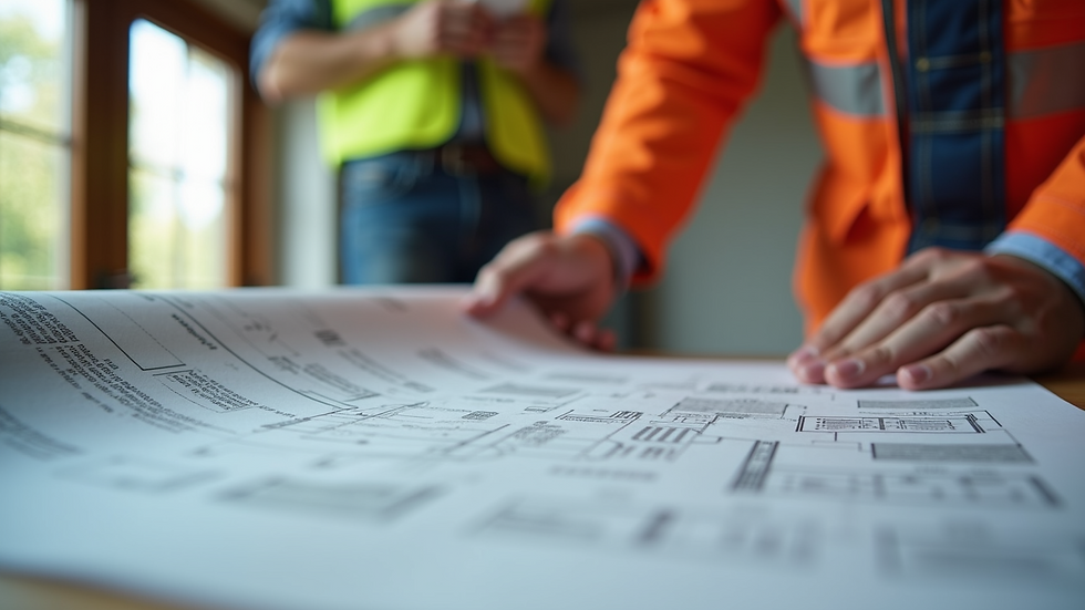 Close-up view of contractor reviewing home renovation plans