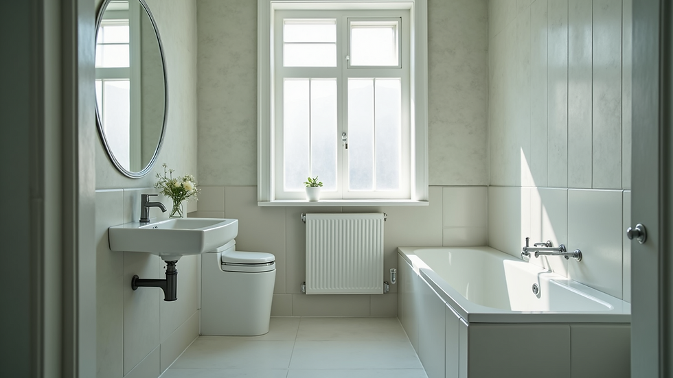 High angle view of a partially renovated bathroom with new tiles and fixtures