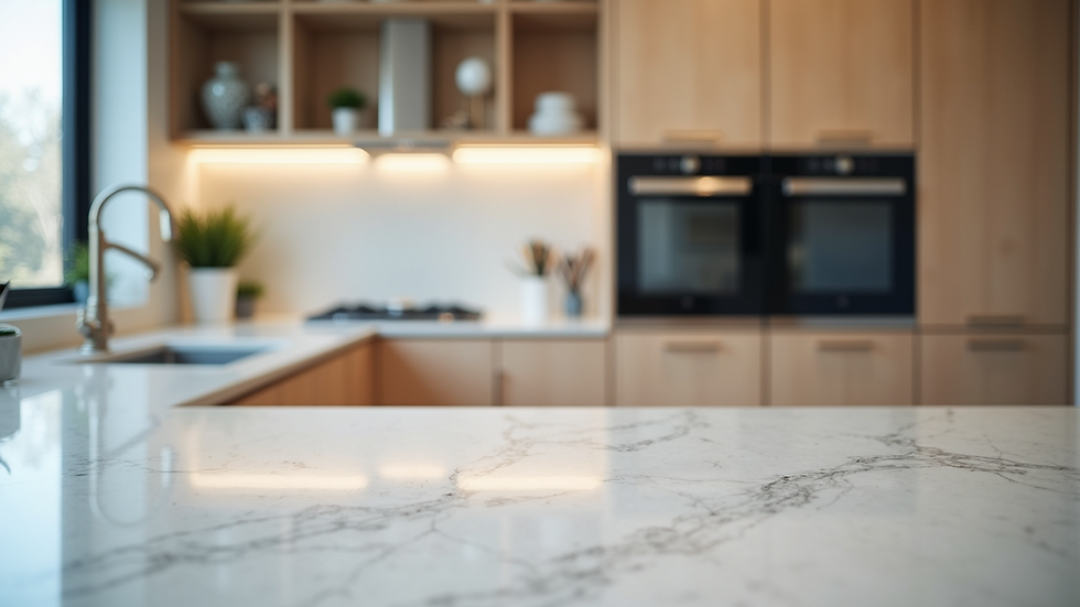 Eye-level view of modern kitchen with quartz countertops and smart appliances