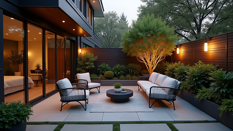 Wide angle view of outdoor patio with modern furniture and lighting