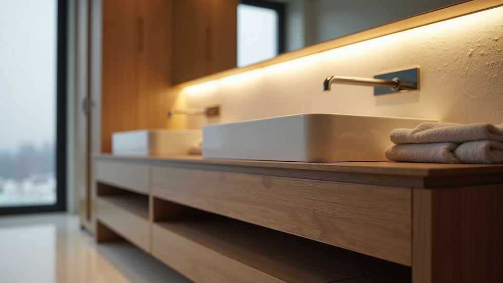 Close-up view of a bathroom vanity with integrated storage and lighting