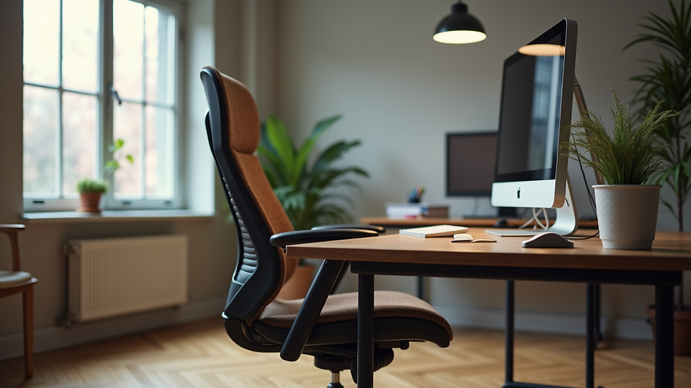 Close-up view of an ergonomic office chair and desk setup