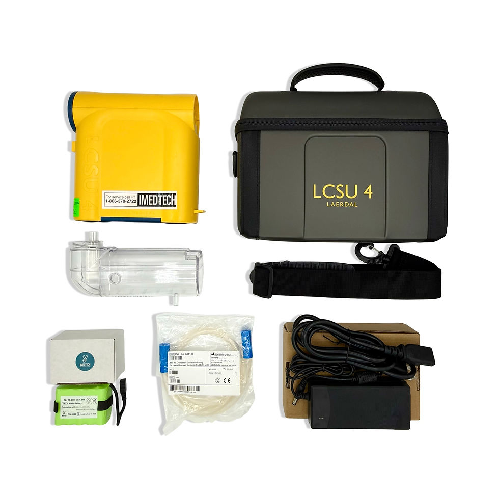 Thumbnail: Full Laerdal LCSU 4 suction unit kit including device, carrying case, canister, battery, tubing, and charger.
